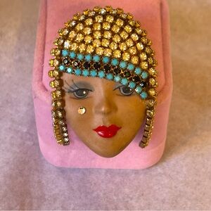 Signed Beatriz Brooch Hand Painted Porcelain Swarovski Crystals and Turquoise